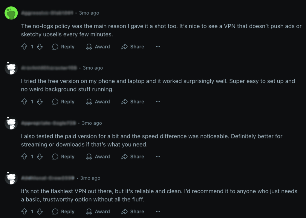 Reddit users discussing hide.me VPN pros and cons