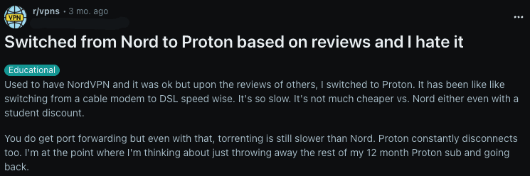 Reddit user unhappy after switching from NordVPN to Proton VPN