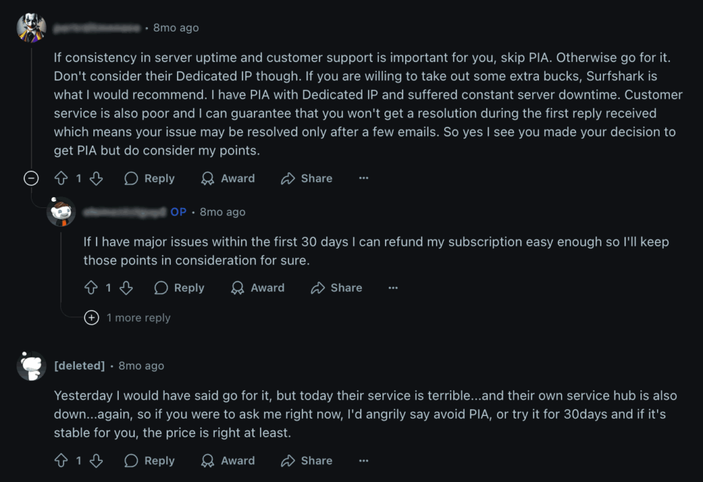 Reddit users' opinions about PIA