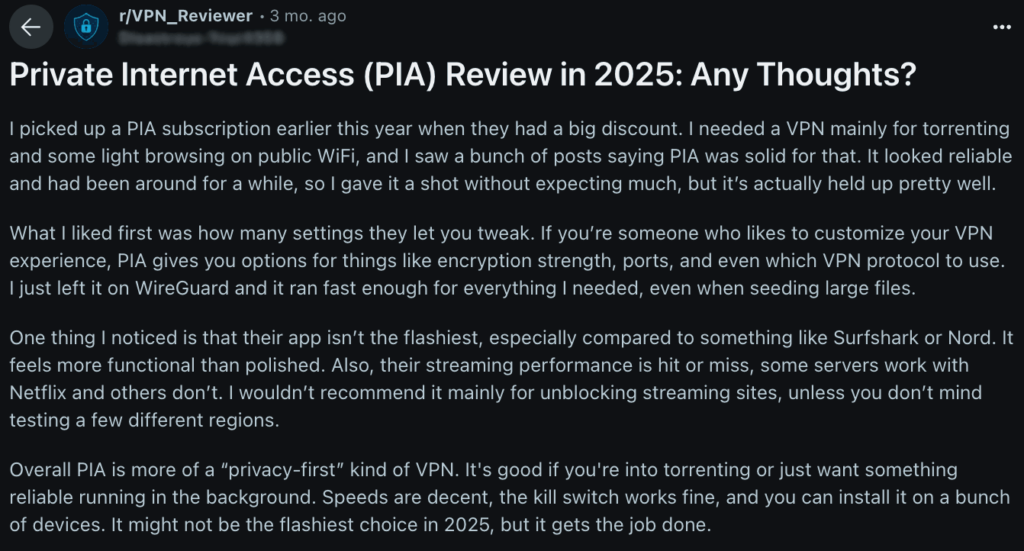 Positive PIA review feedback on Reddit
