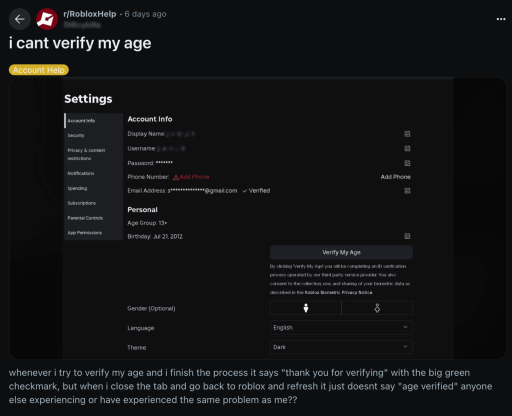 Reddit users are facing problems verifying their age on Roblox