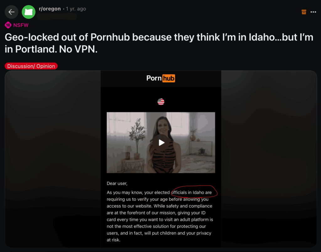 Oregon Reddit user blocked from PornHub by Idaho restrictions