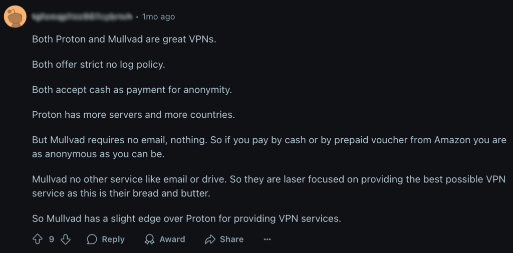 One Reddit user preferred Mullvad for its anonymous signup process