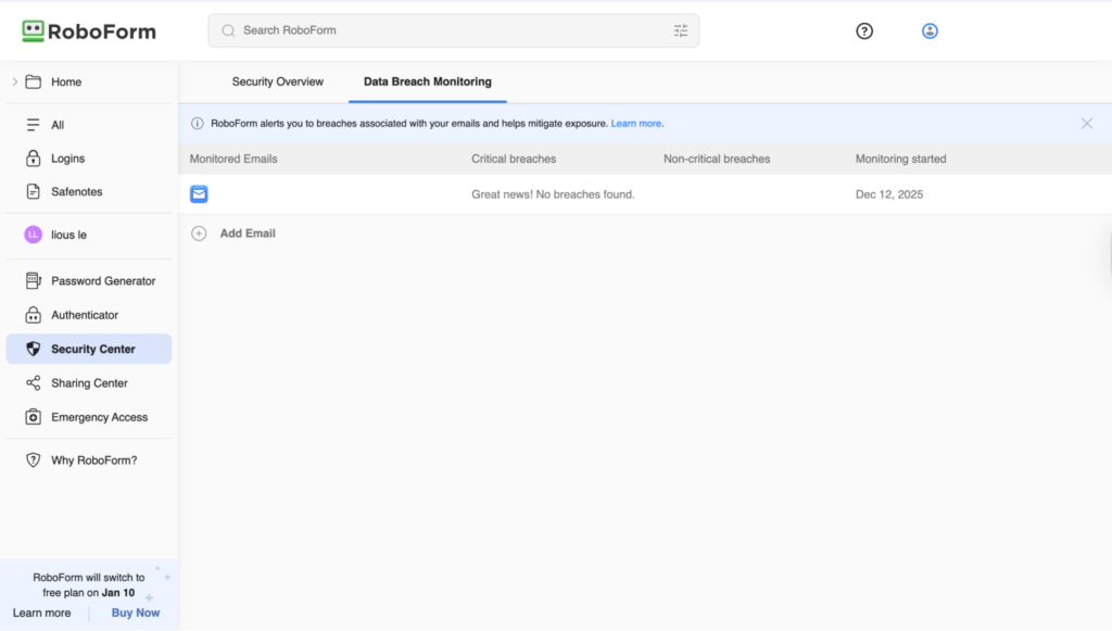 RoboForm's breach monitoring feature