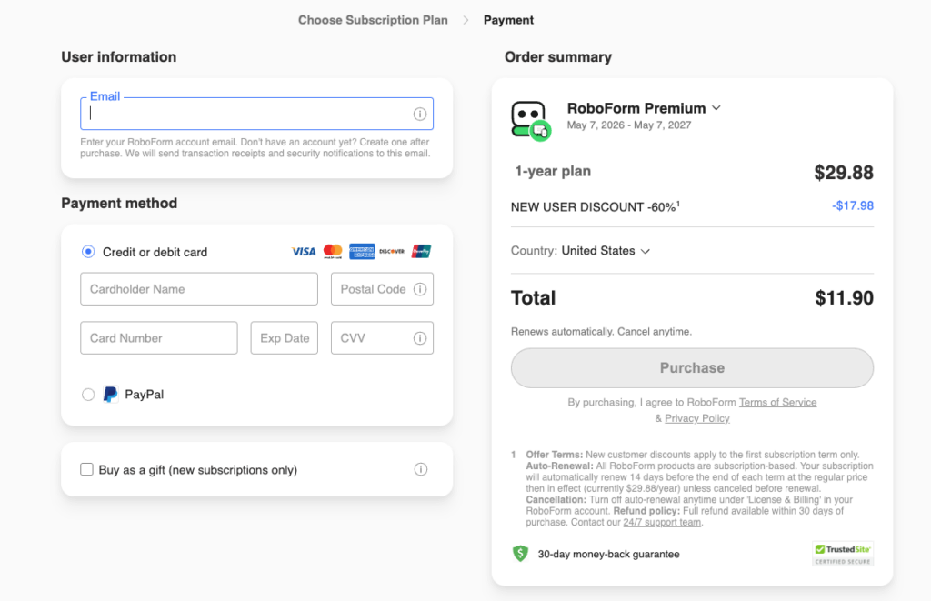 RoboForm order summary page
