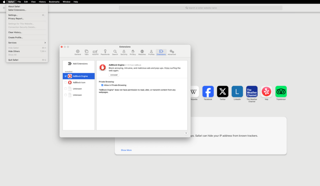 Safari Extensions tab location