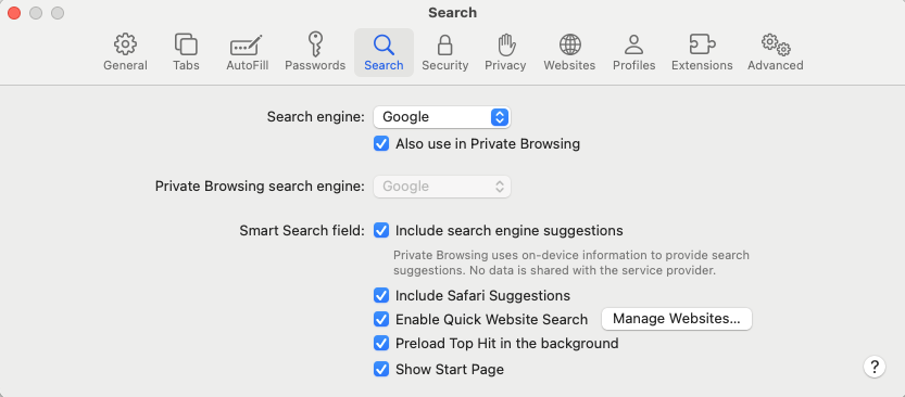 Safari General Search tab location