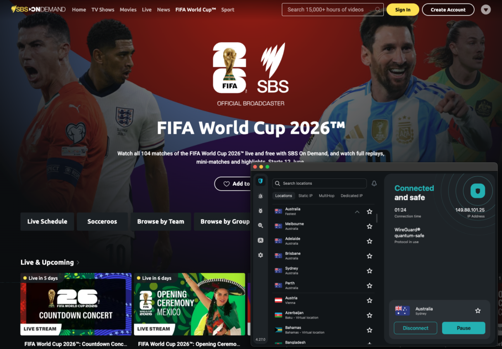 SBS On Demand World Cup 2026 page accessed with Surfshark Australia server