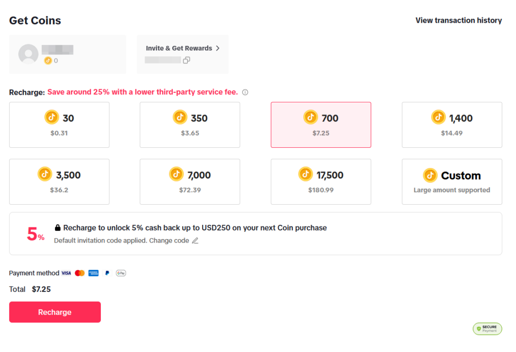 Select TikTok coins amount