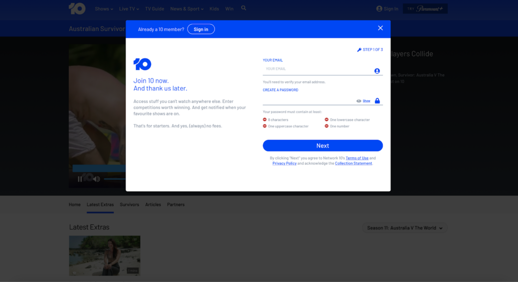 Creating a free account on 10Play using NordVPN to unblock the site