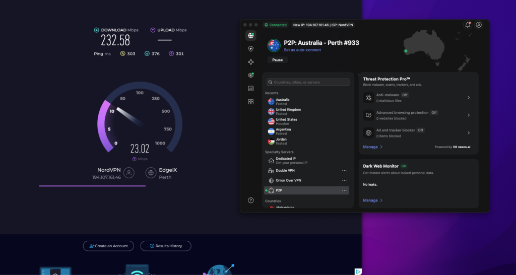 NordVPN's speed test results connected to Australia