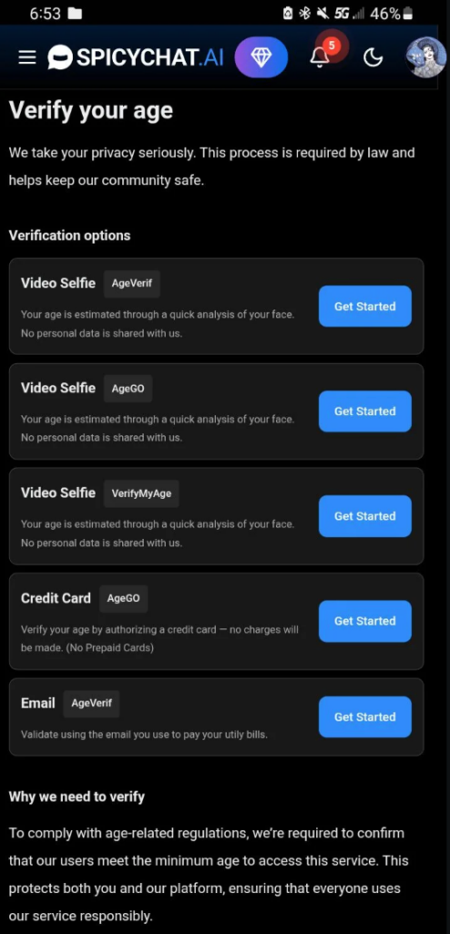 Spicychat AI age verification prompt