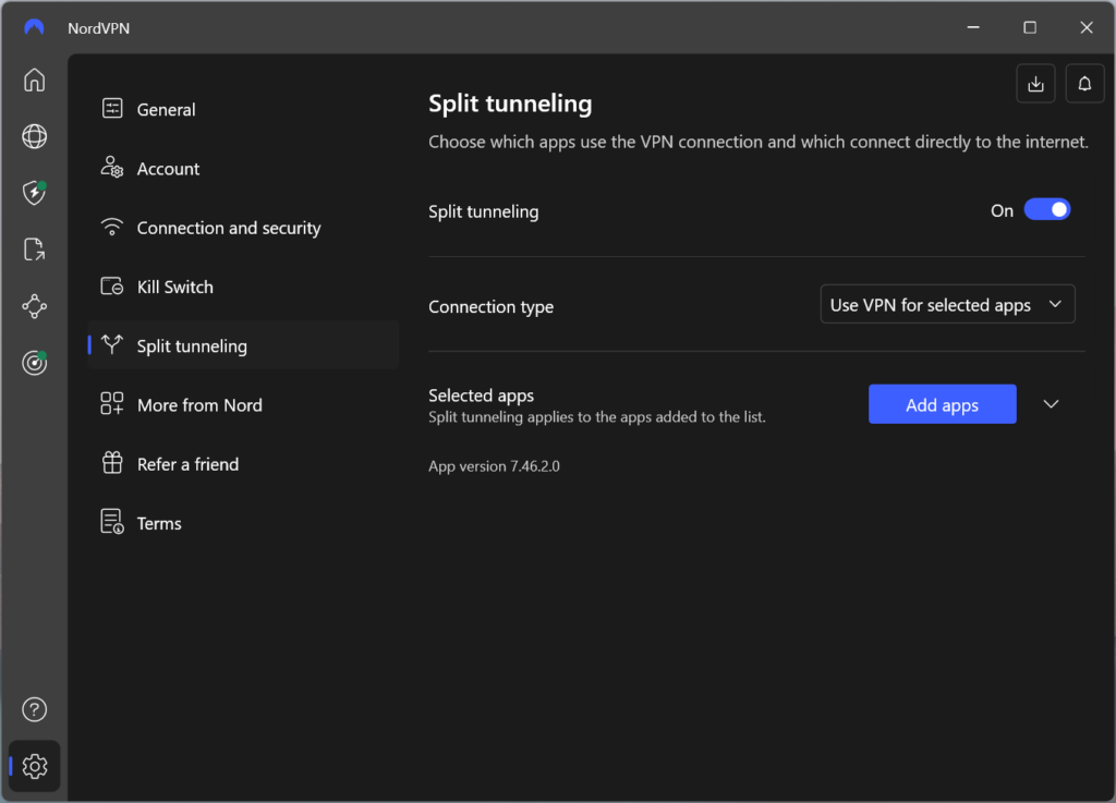 NordVPN's settings menu with split tunneling enabled for select apps