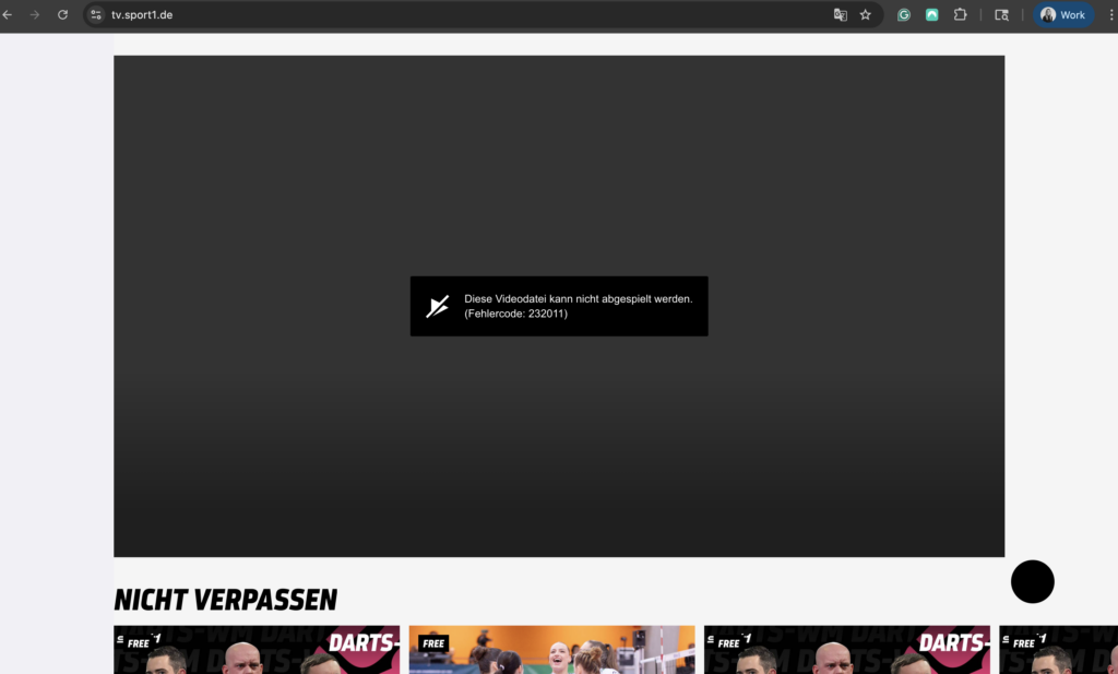 Geo-restriction error code on Sport1 Germany