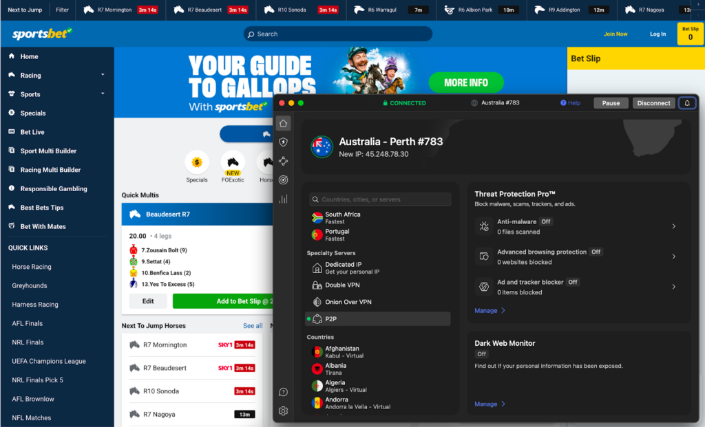 NordVPN used to unblock Sportsbet