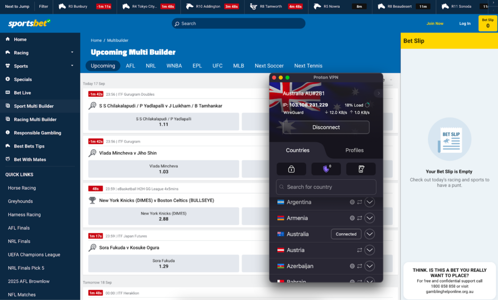 Sportsbet accessed with Proton VPN