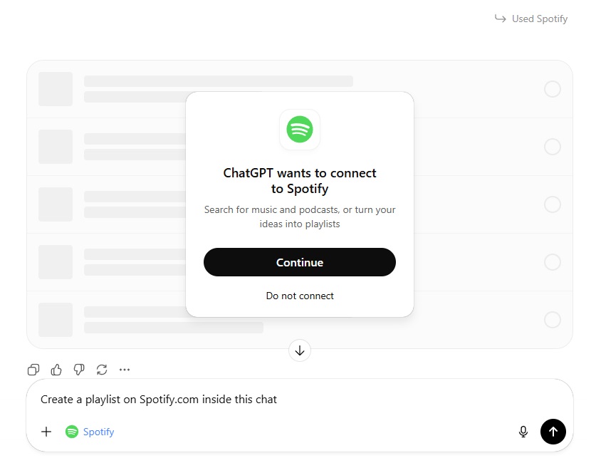 Spotify App in ChatGPT chat accessed with NordVPN US server