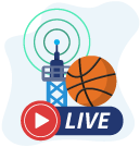 Icon showing network tower, basketball and play button