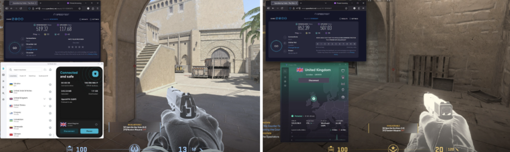 Speed test results while gaming with Surfshark and Proton VPN