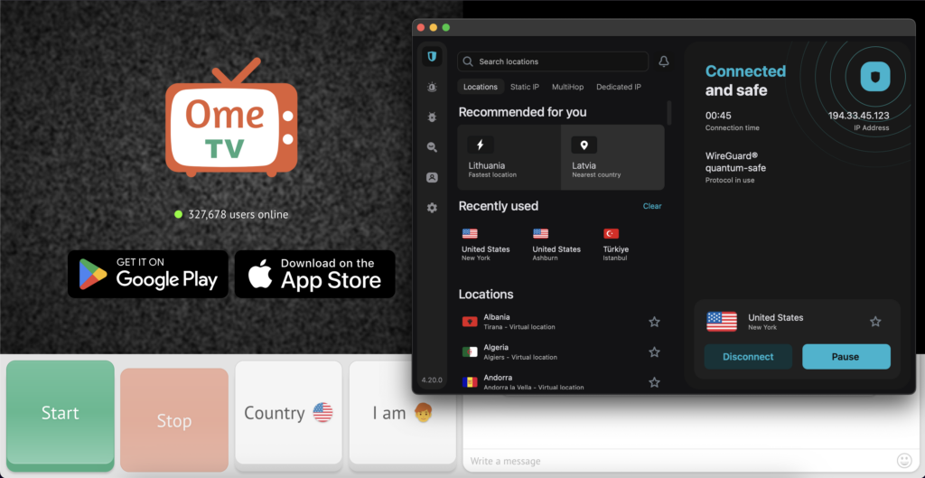 Using OmeTV with Surfshark enabled