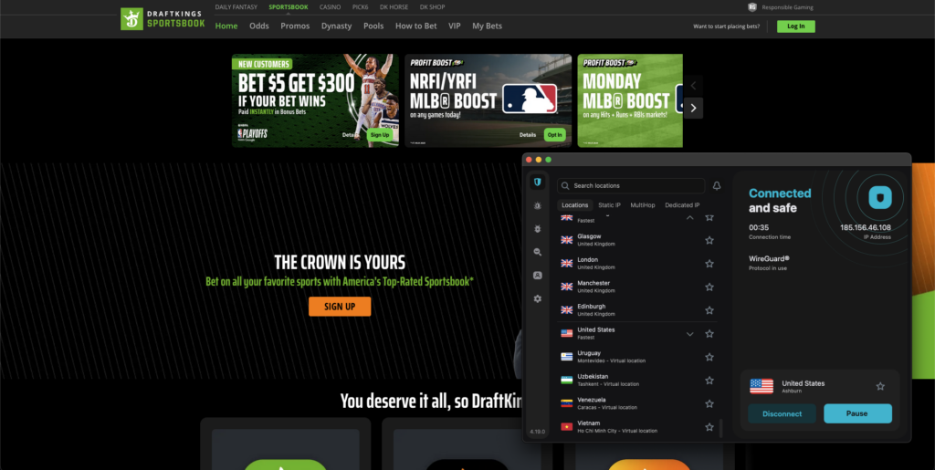 Surfshark bypasses DraftKings blocks by connecting to the US server