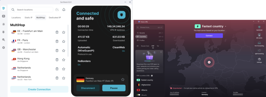 Surfshark's MultiHop feature and Proton VPN's P2P server availability