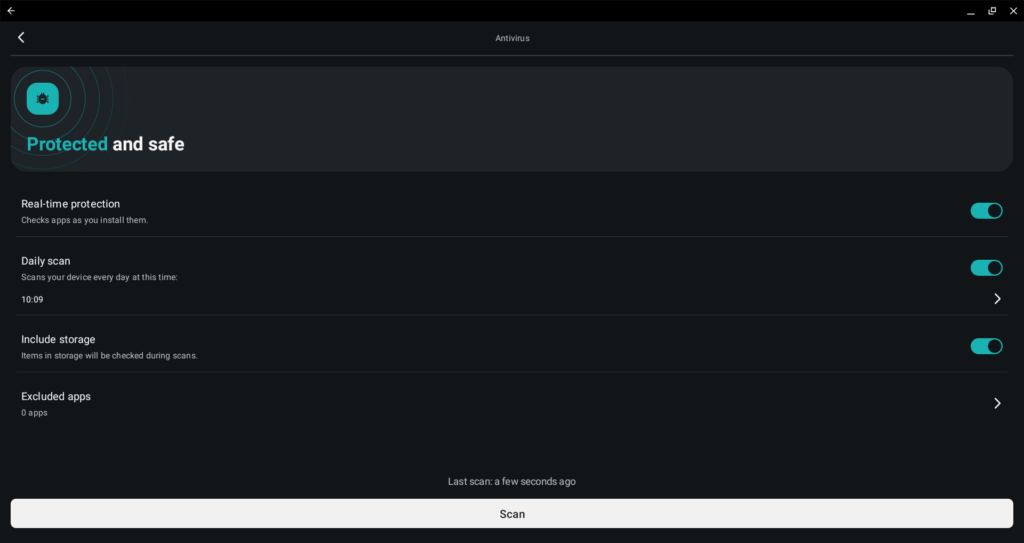 Surfshark Antivirus app on Chromebook with scan and protection settings enabled