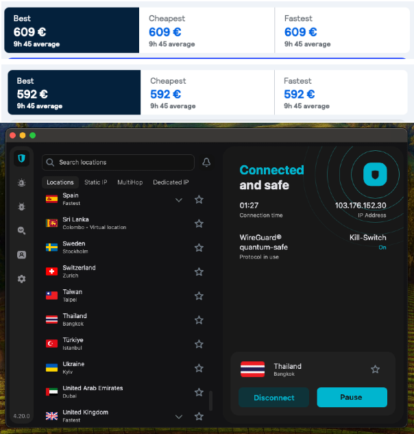 Flight prices without and with Surfshark's Thailand server
