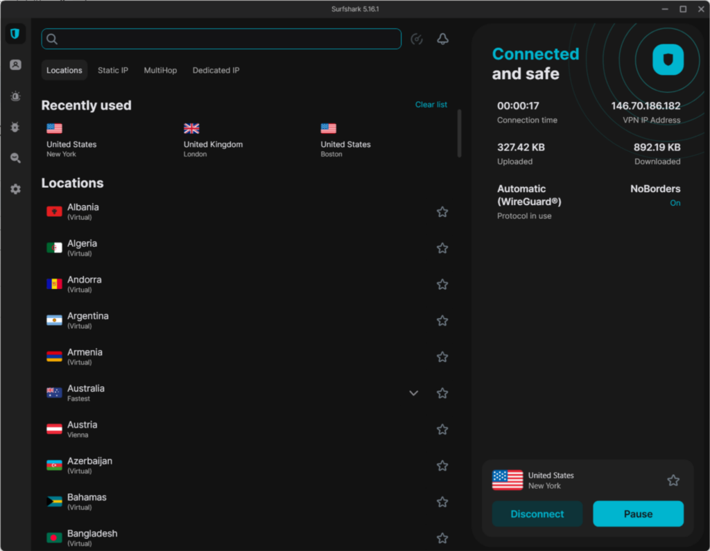 Surfshark connected to New York to access OnlyFans in China