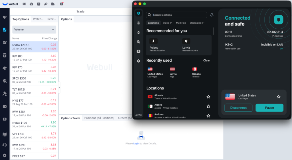 Surfshark securely accessing Webull on US server