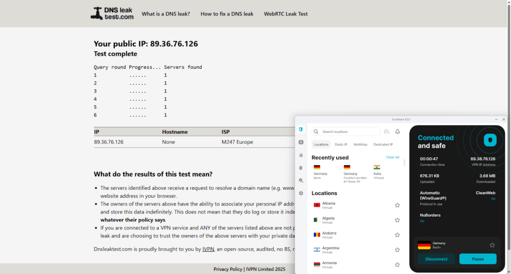 Surfshark DNS leak test