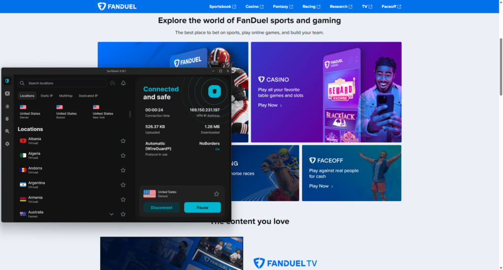 Surfshark is the best FanDuel VPN for FanDuel Fantasy Sports fans