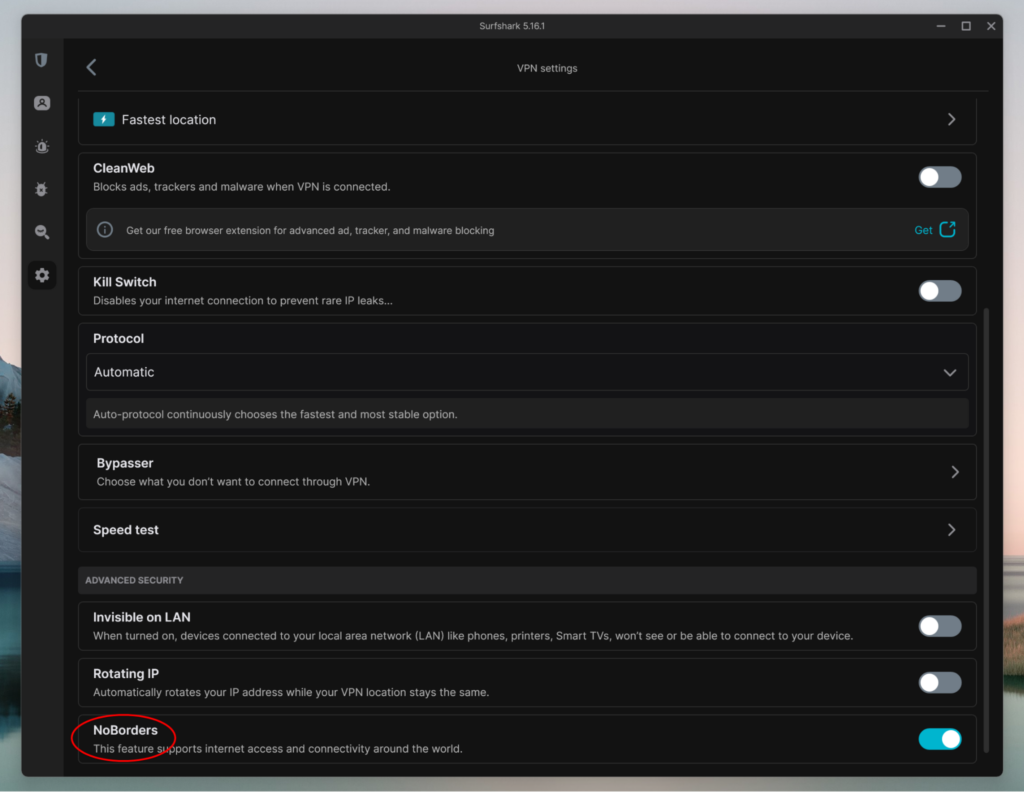 Surfshark NoBorders mode swtiched on