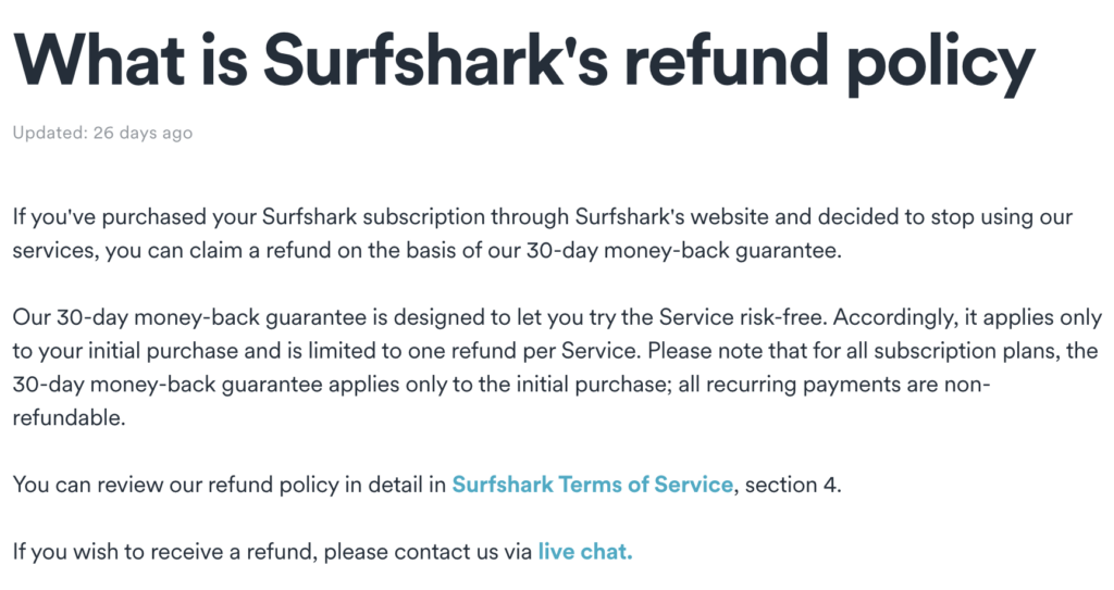 Surfshark's money-back guarantee