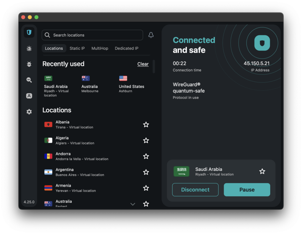 Surfshark connected to Saudi Arabia server