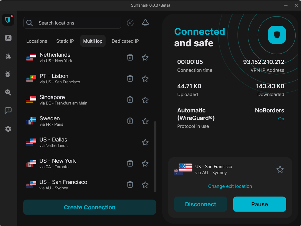 Surfshark's server list in the dashboard