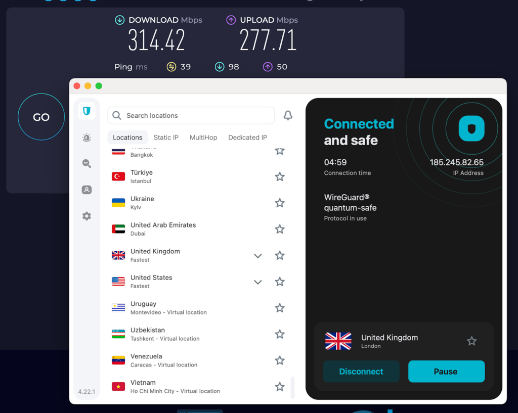Surfshark speed test results