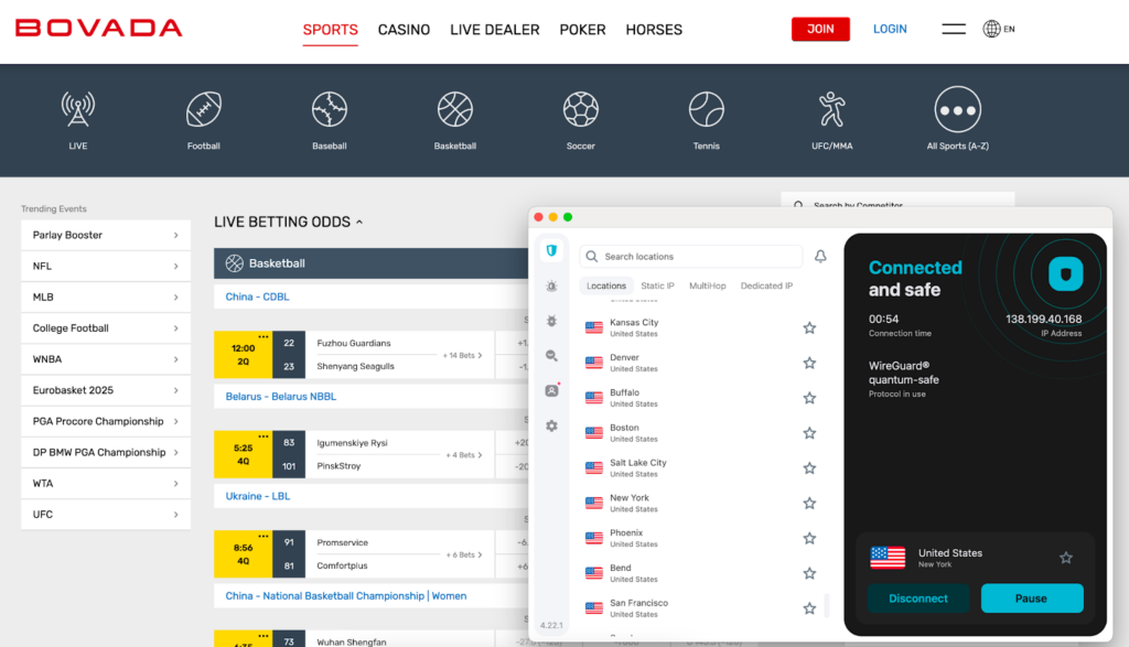 Unblocking Bovada using Surfshark connected to a New York server