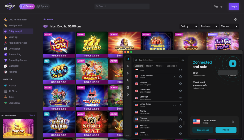 Surfshark unblocking Hard Rock bet on a Chicago VPN server