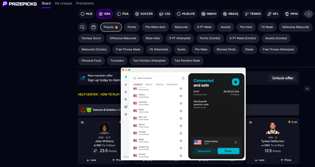 PrizePicks unlocked using Surfshark VPN connected to Florida