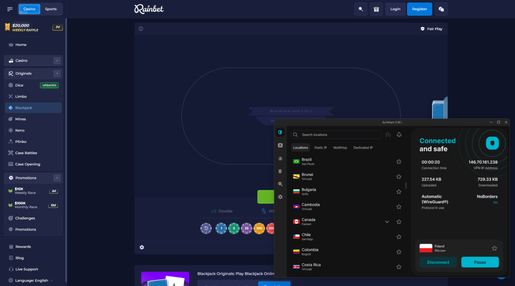 Rainbet unblocked using Surfshark VPN connected to Poland