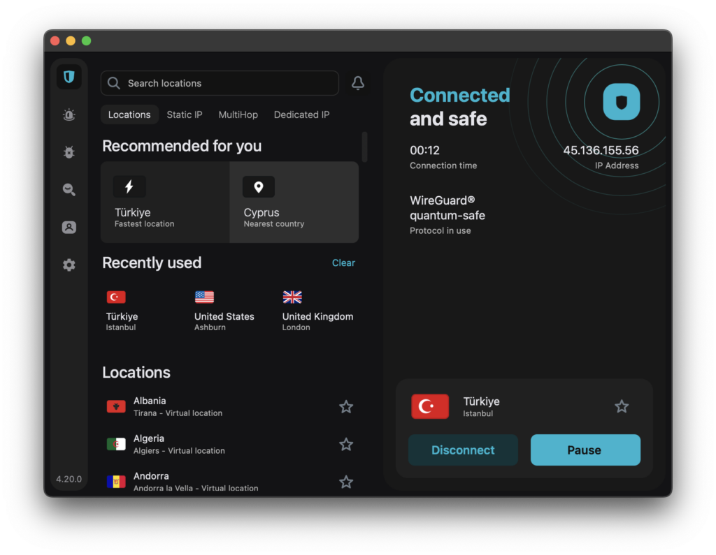 Surfshark's easy-to-use VPN app interface