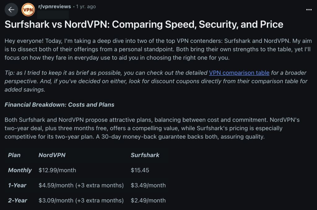 User on Reddit compares Surfshark and NordVPN pricing