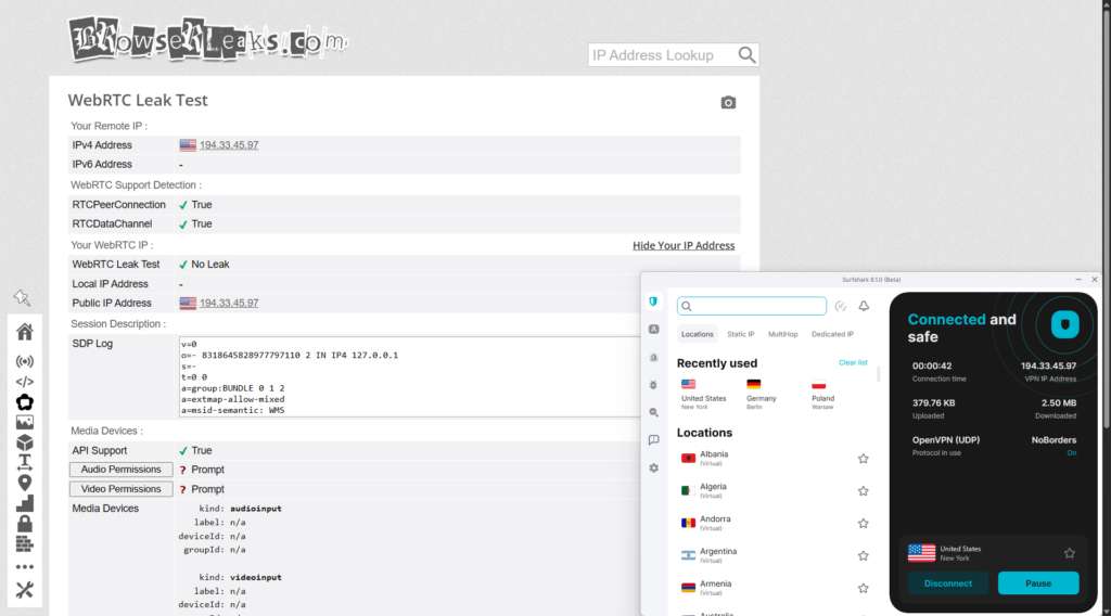 Surfshark app interface with WebRTC leak test results