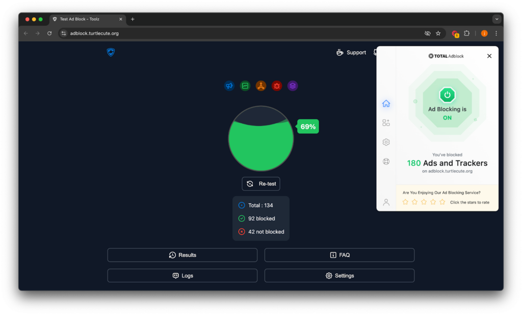 Total Adblock running and blocking ads and trackers