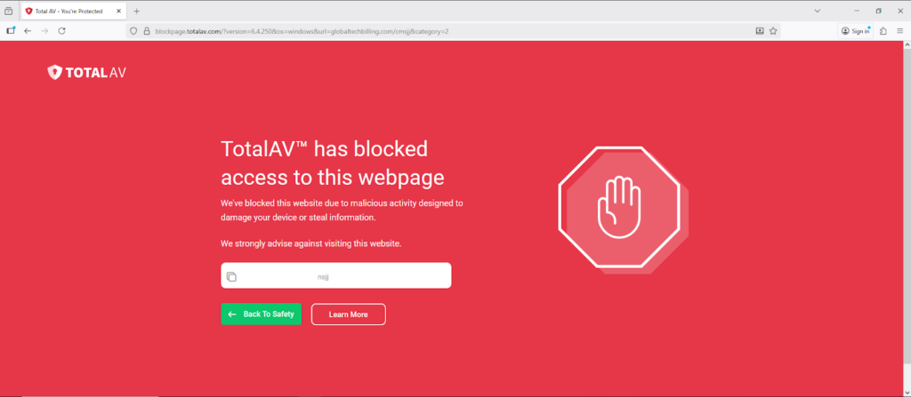 TotalAV blocking a malicious website