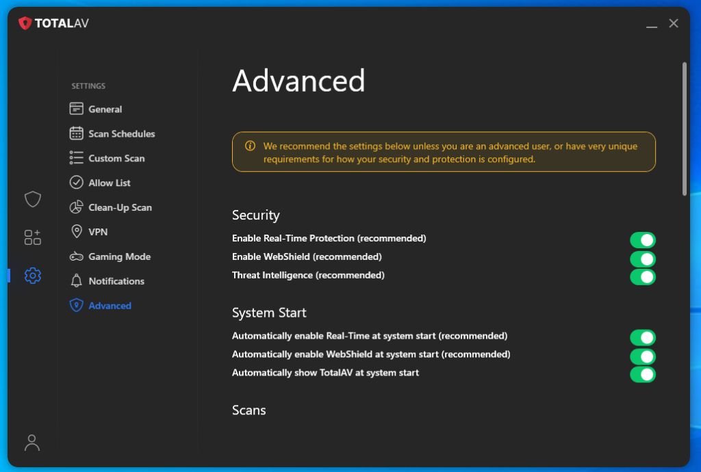 Total AV's real-time protection can be enabled in settings