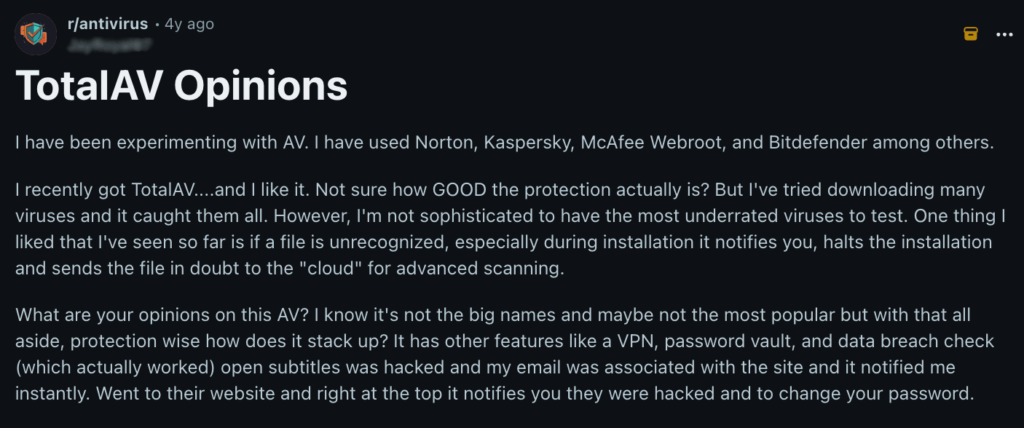 One Reddit user's positive experience with TotalAV