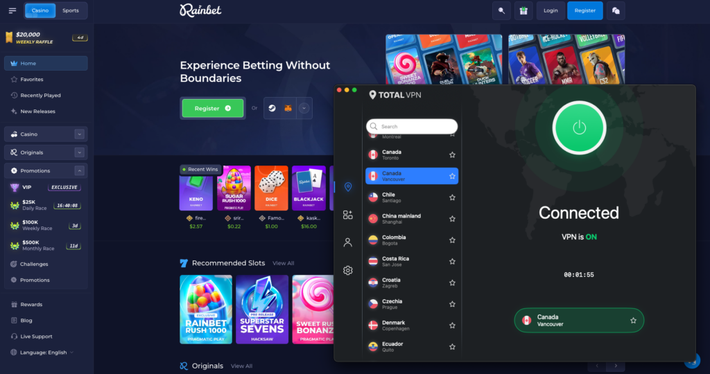 Rainbet unblocked with TotalVPN Canada servers