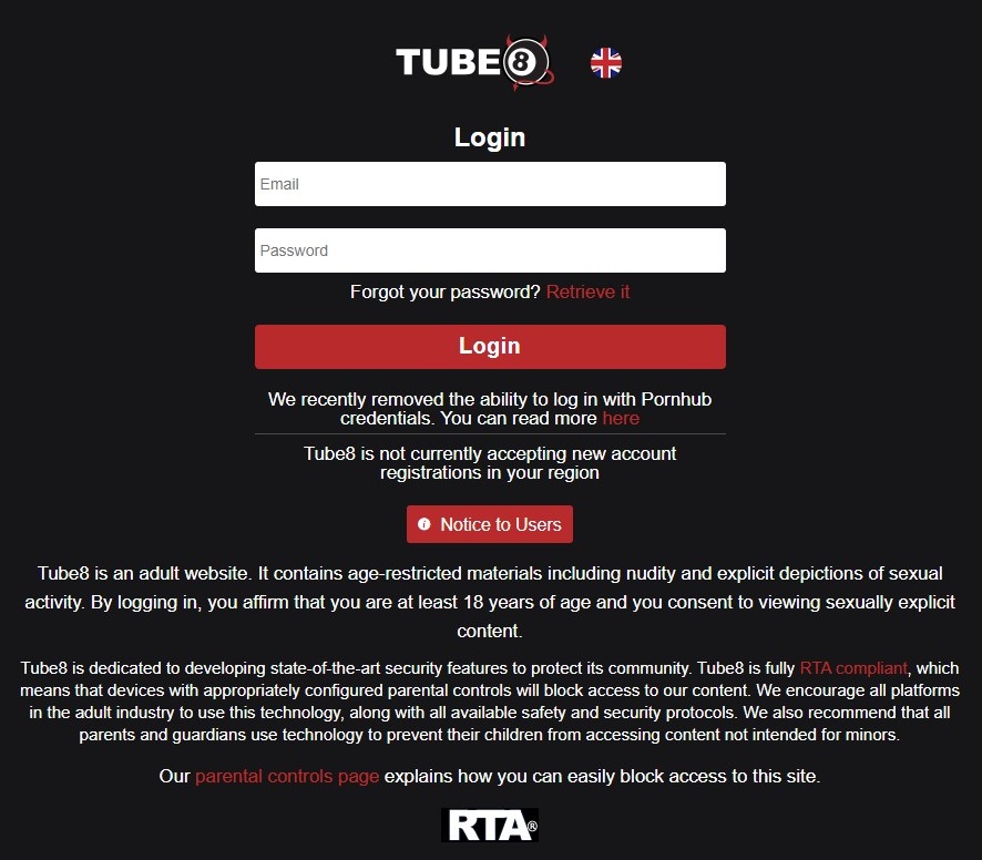 Tube8 is not currently accepting new account registrations in your region notification UK